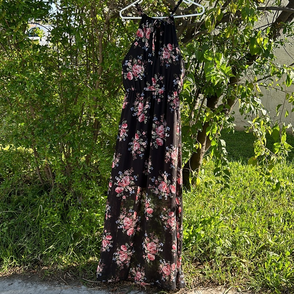 Torrid Maxi Dress black chiffon Floral Sheer Halter Keyhole Boho Flowy size 2 X